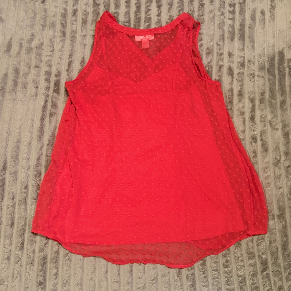 Motherhood Maternity Coral Swiss Dot Sleeveless Pintuck Blouse Medium Pink Top - Picture 7 of 7